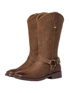 Women's Brown Buckle Strap Wide Calf Square Toe Western Riding Cowgirl Boots